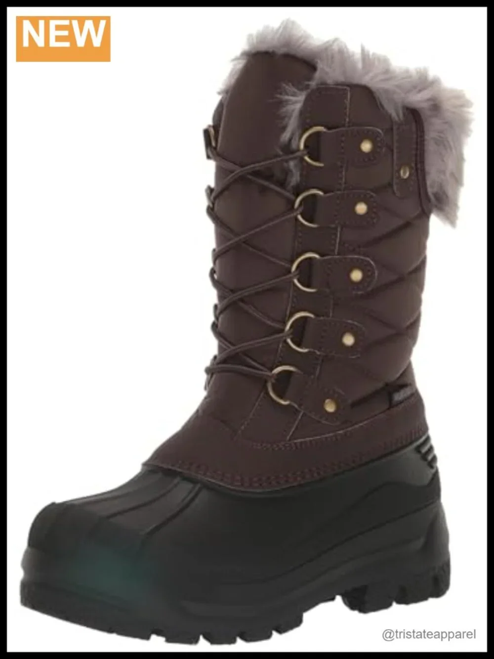 Quilted Nylon Mid-Calf Snow Boots with Faux Fur Trim, Lace-Up